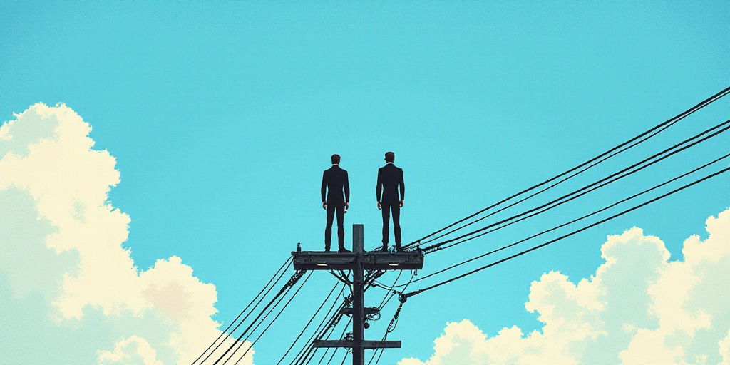 a couple of men standing on top of a power line under a blue sky with clouds in the background, Éva