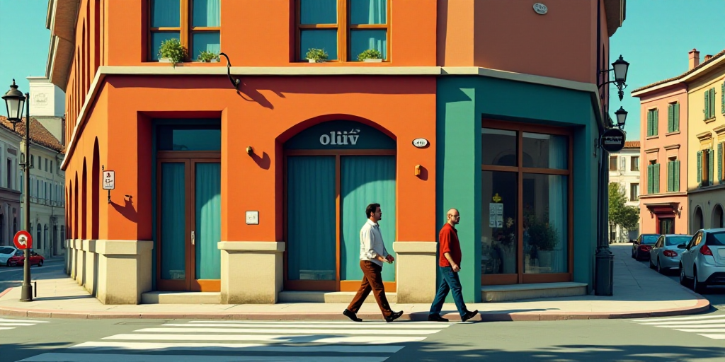 a couple of men walking down a street past a bank building with a sign on it's front, Ceferí Olivé