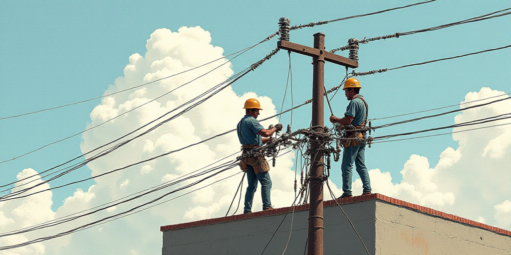 a couple of men working on a power line with wires above them and a building in the background with