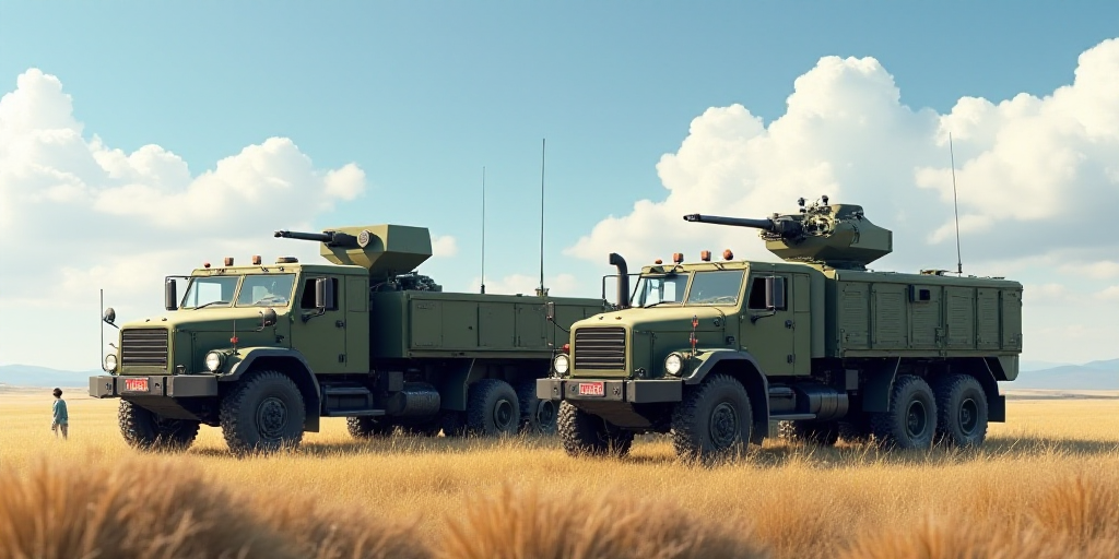 a couple of military vehicles parked next to each other on a field with a sky background and a few p