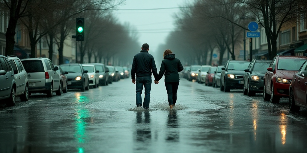 a couple of people standing in the middle of a flooded street with cars and a green traffic light ab