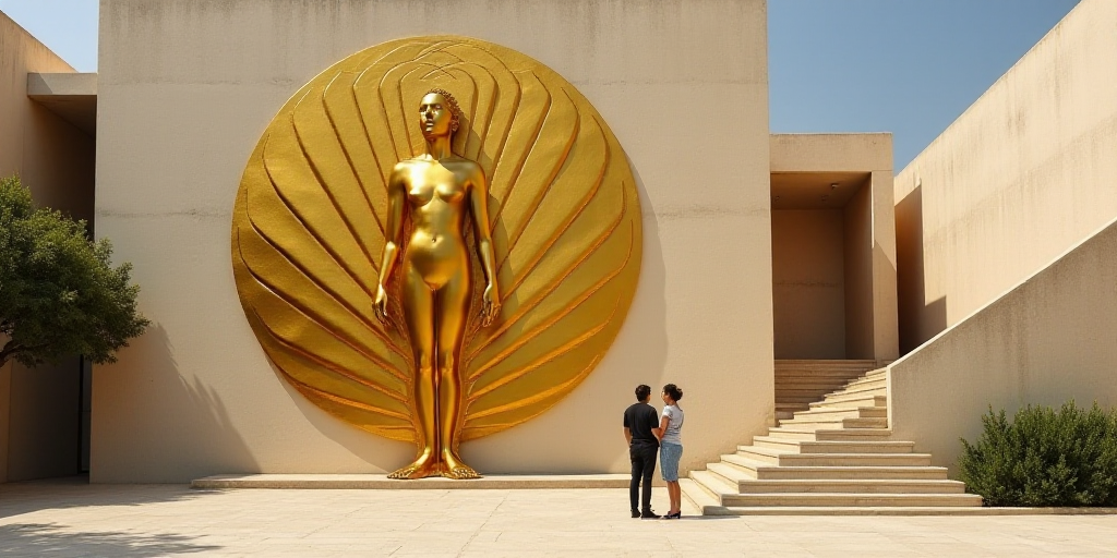 a couple of people standing next to a golden sculpture on a building wall with a staircase leading u