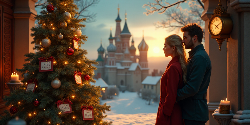 a couple of people standing next to a calendar on a christmas tree with a castle in the background a