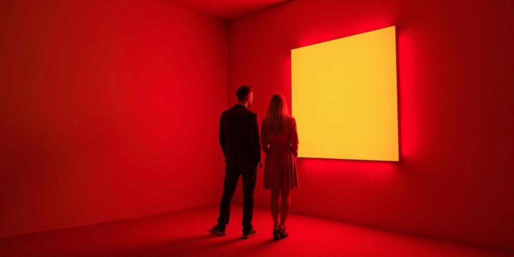 a couple of people standing next to a sign on a wall in a room with red walls and a red carpet, Cons