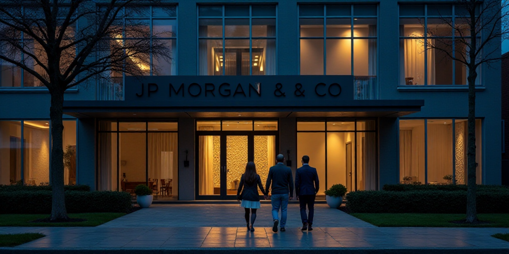 a couple of people walking in front of a building with large windows at night time, with the words j
