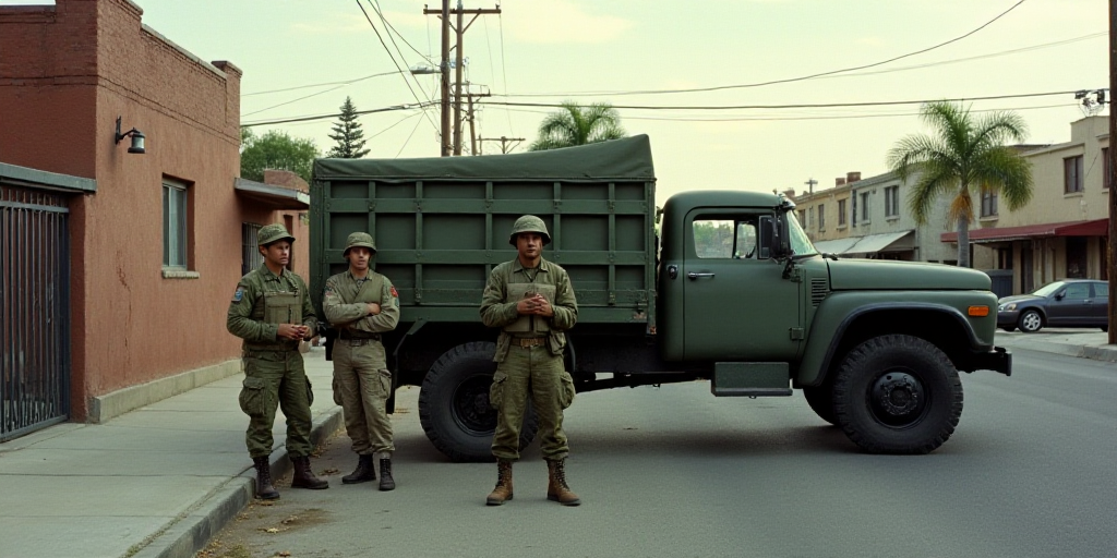 a couple of soldiers standing next to a military vehicle on a street with a man in a vest standing n