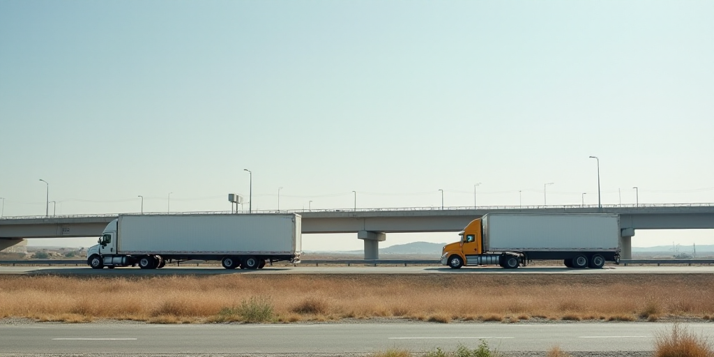 a couple of trucks are parked on the side of the road near a bridge and a highway with a bridge in t
