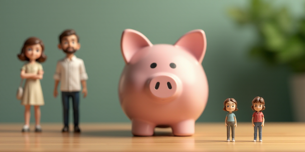 a couple standing next to a piggy bank on a table with a miniature figure of a man and woman, Clovis