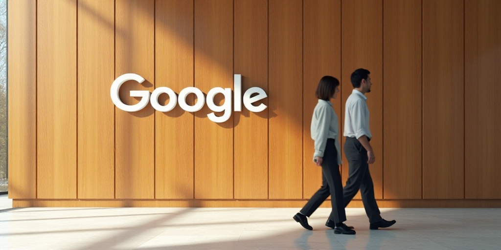 a couple walking past a google sign on a wall in a building with wood panels behind them and a woode