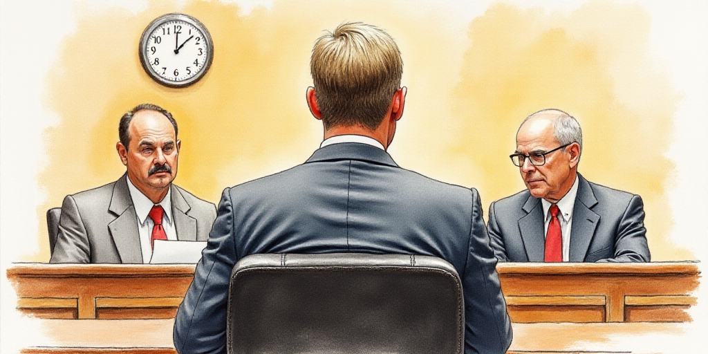 a courtroom drawing of a man sitting in front of a judge and two other men behind him, with a clock