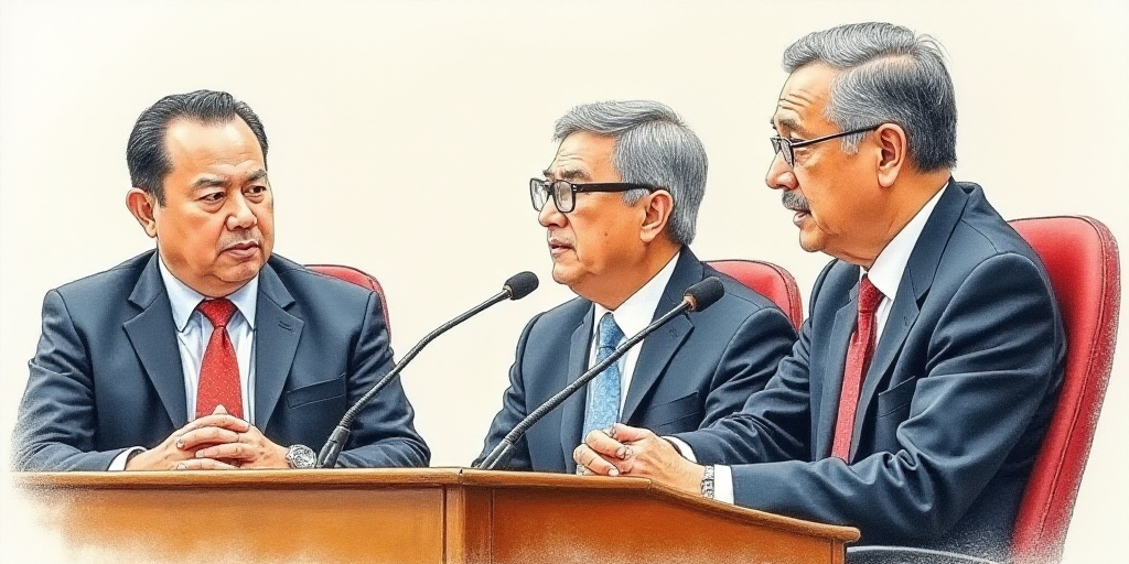 a courtroom drawing of three men in suits and ties, one of them is speaking into a microphone and th