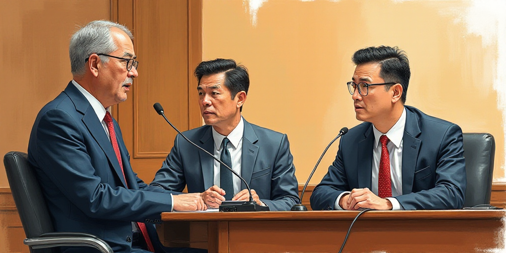 a courtroom drawing of three men in suits and ties, one of them is speaking into a microphone and th