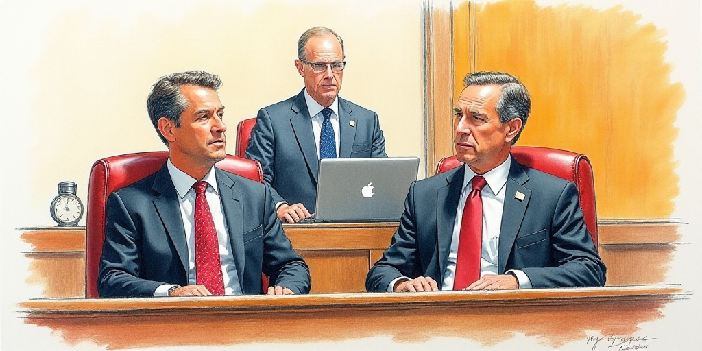 a courtroom drawing of two men in suits and ties sitting in chairs and one man standing behind them
