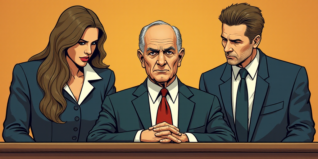 a courtroom scene of a man being taken from behind a desk with a woman and two men standing behind h