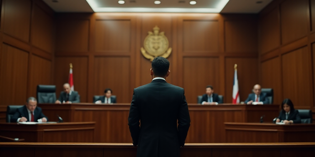 a courtroom with a judge and his court members in the courtroom, and a judge standing at the front o