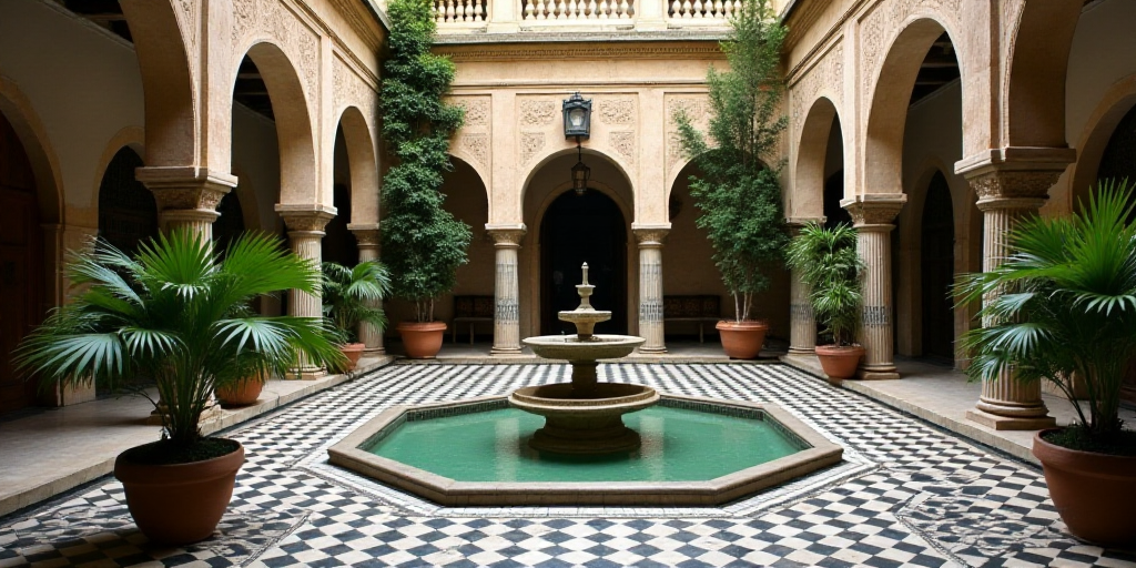a courtyard with a fountain surrounded by greenery and potted plants and a tiled floor with a black
