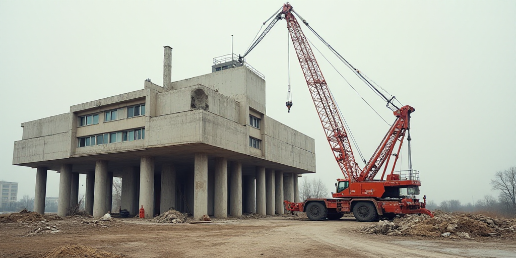 a crane is lifting a building into place with a crane on it's back end and a building in the backgro