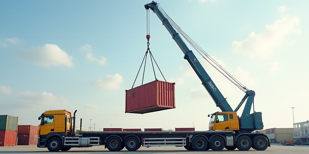 a crane is lifting a container onto a truck in the air with a crane holding it up to the sky, Andrie