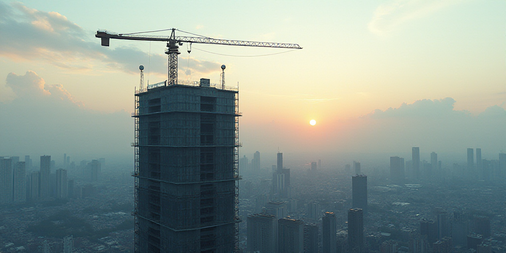 a crane is on top of a building under construction in the city of a city with tall buildings and a b