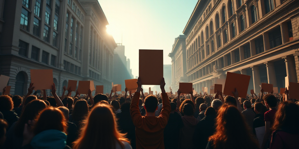a crowd of people holding signs and protesting in a city street with a crowd of people holding signs