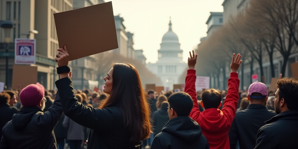 a crowd of people holding signs and protesting in a city street with a crowd of people holding signs