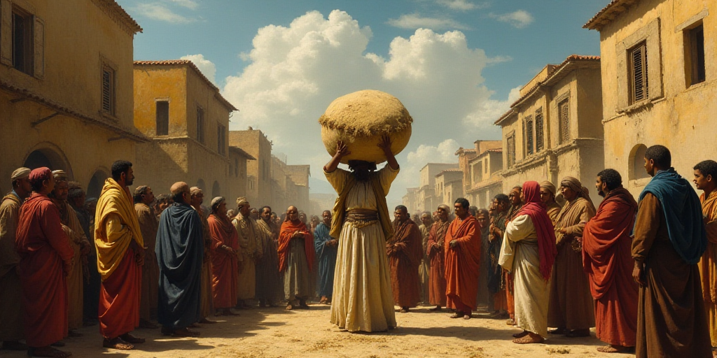 a crowd of people standing around each other in a city street with a large bag of sand on their head