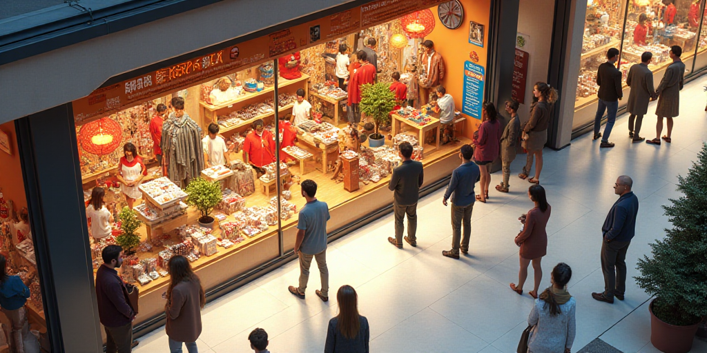 a crowd of people standing around a store filled with lots of items and decorations on display in a