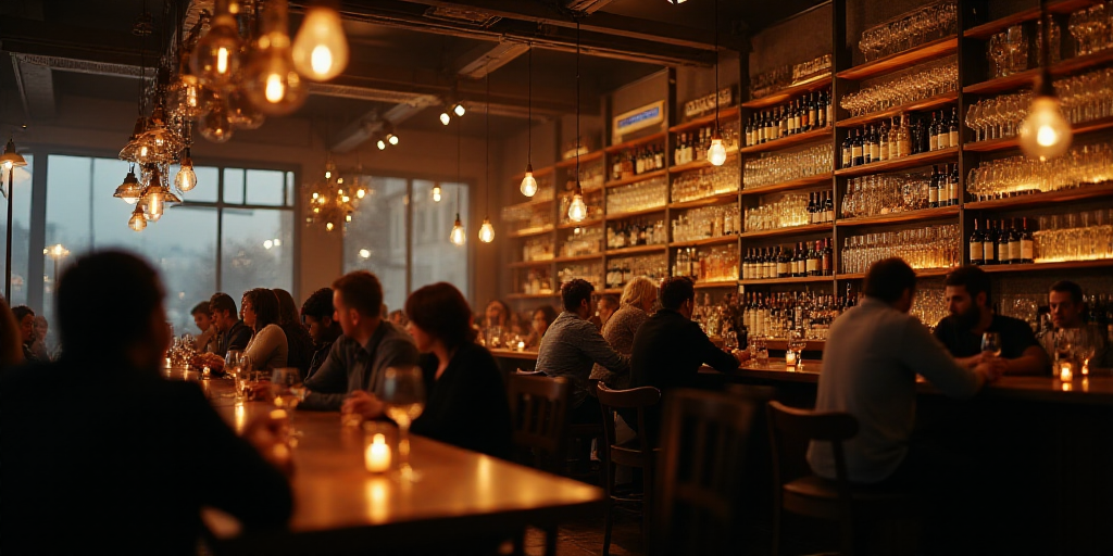 a crowded bar with many people sitting at tables and drinking wine and wine glasses on the shelves a