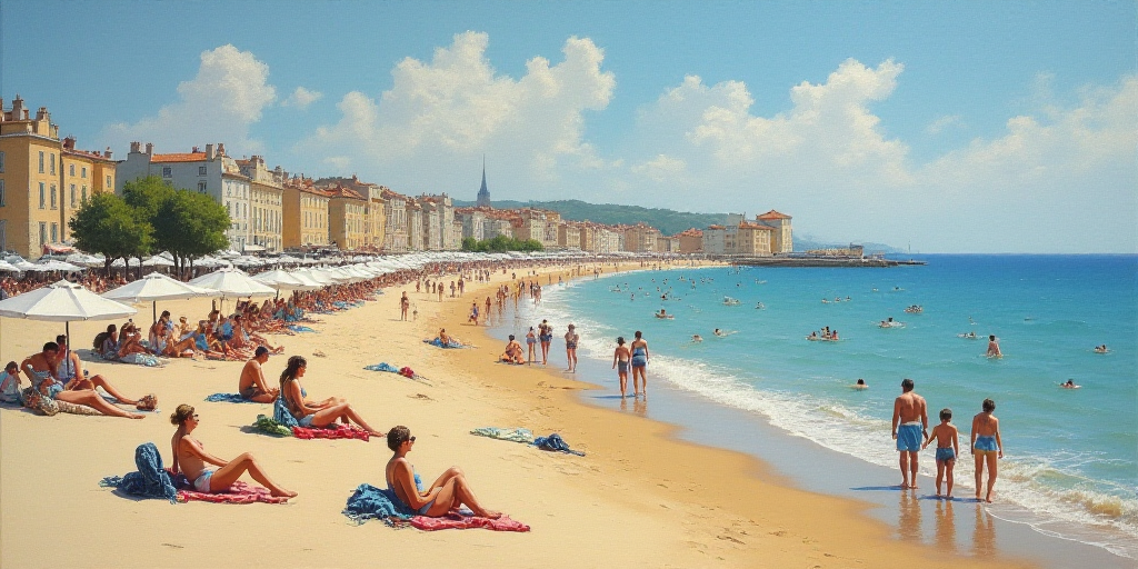 a crowded beach with people walking and sitting on the sand and umbrellas in the water and buildings