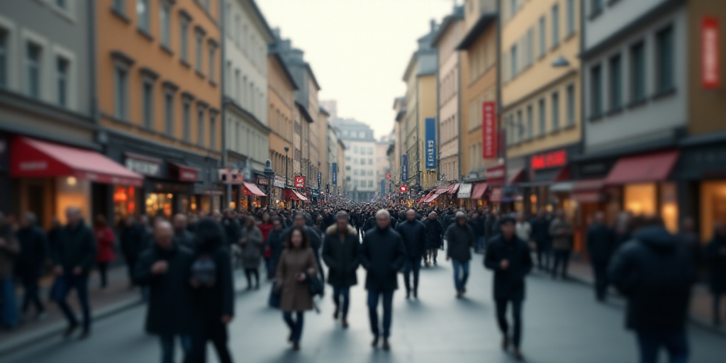 a crowded city street with people walking and walking on it's sides and buildings in the background,