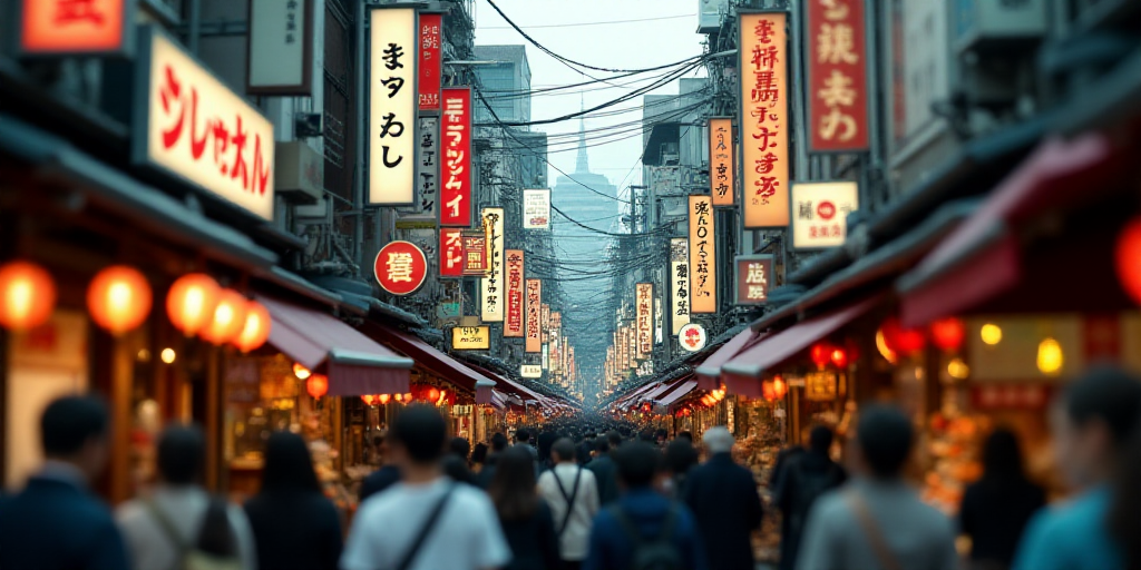 a crowded street with people walking and shopping in it, with a lot of signs above them that read,,