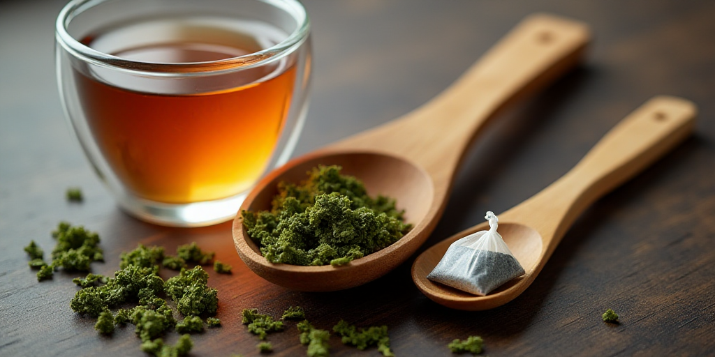 a cup of tea next to a wooden spoon and a wooden spoon with green leaves on it and a wooden spoon wi