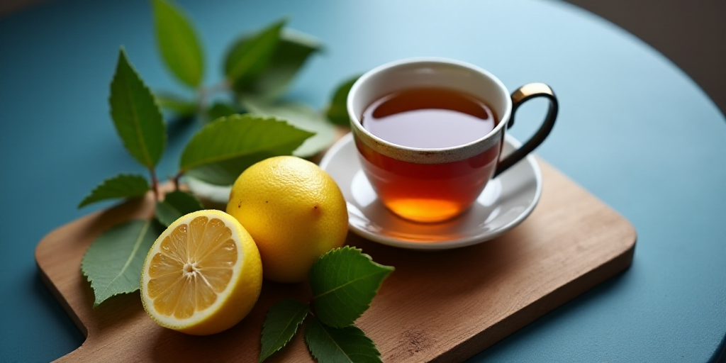 a cup of tea with lemons and a lemon on a cutting board on a blue table with leaves, Eric Peterson,