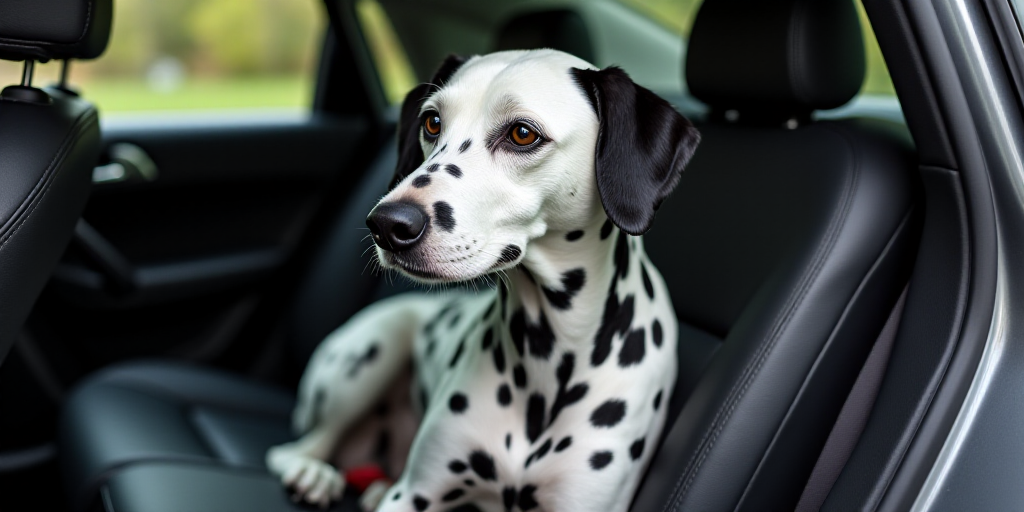 a dalmatian dog sitting in the back of a car seat with a black and white dog on it, Elke Vogelsang,
