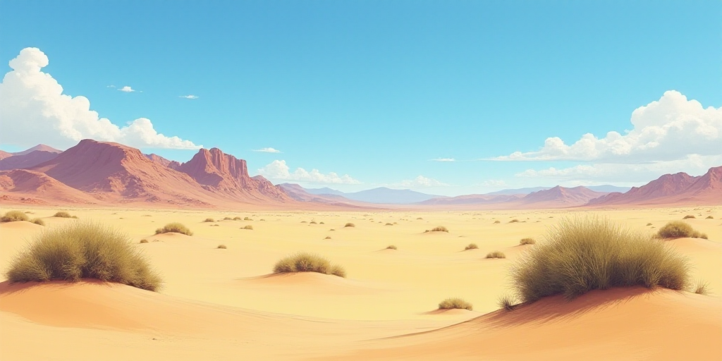 a desert with a few bushes and mountains in the background and a blue sky in the foreground with a f