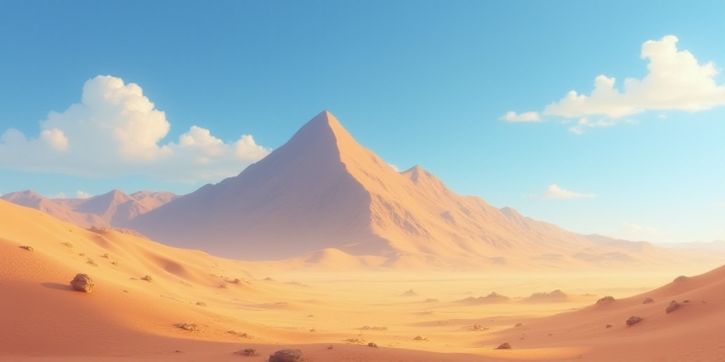 a desert with a mountain in the background and a blue sky above it with a few clouds in the sky, Ami