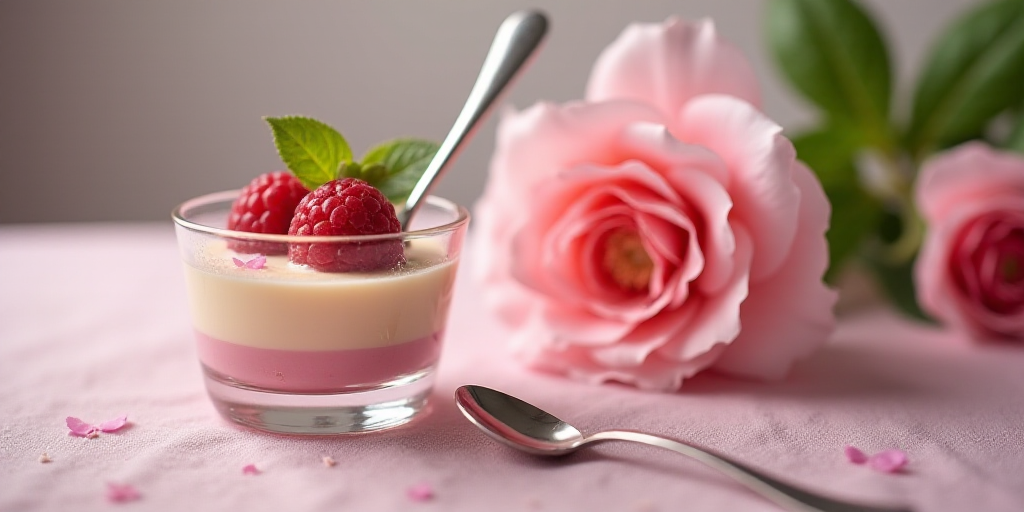 a dessert in a glass with a spoon and a flower in the background with a spoon in the foreground, Ale