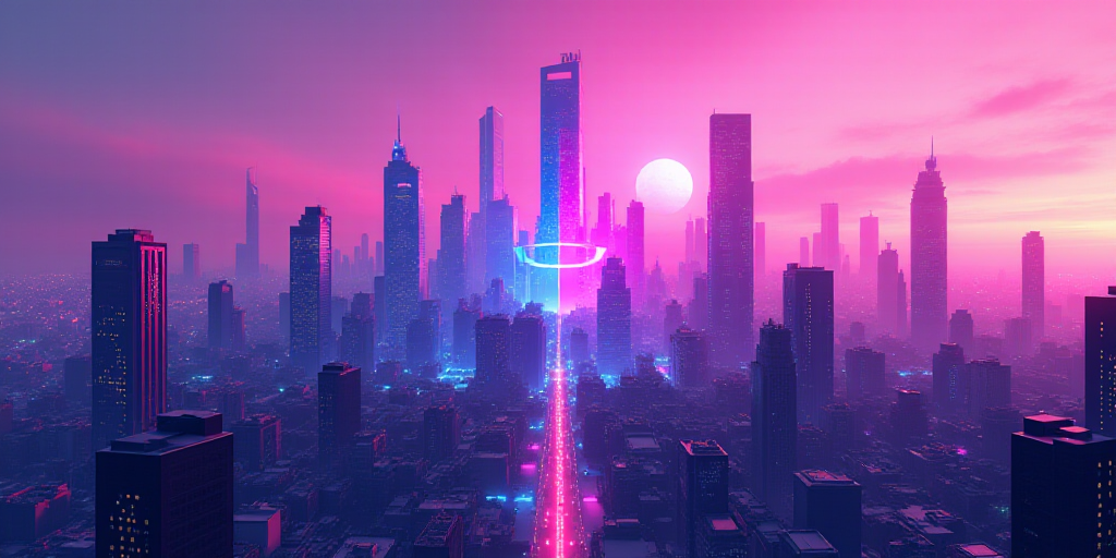 a digital image of a city with a blue and pink logo on it and a pink and purple background, Eddie Me