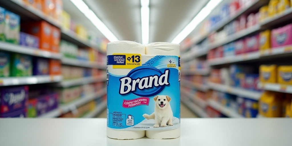 a display of brand brand toilet paper in a store aisle with other products on the shelves behind it