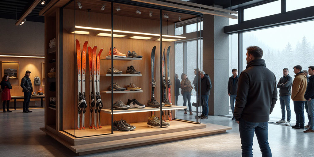 a display of shoes and skis in a store with people looking at them in the background and a man stand