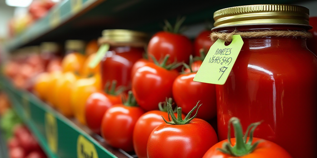 a display of tomatoes and other fruits in a store aisle with a price tag on the top of the jar, Anne