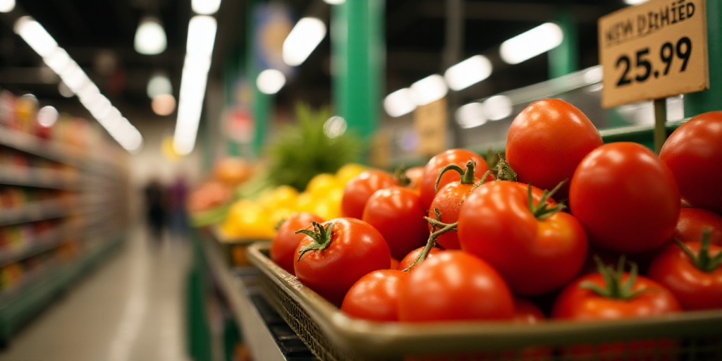 a display of tomatoes and other produce in a grocery store with a new lower price sign on the basket