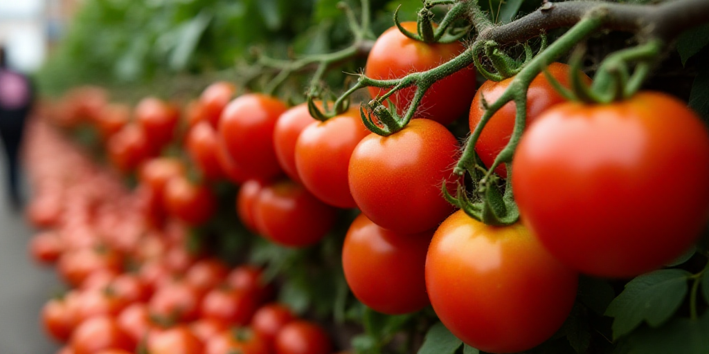a display of tomatoes on the vine for sale at a store in the uk, with a price tag, Anne Rigney, vine
