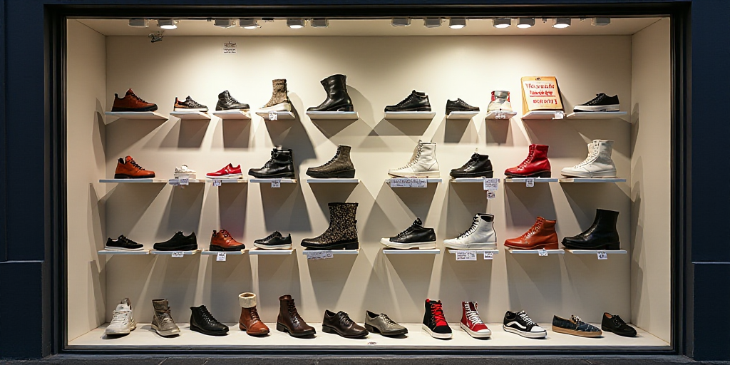 a display of various shoes on a wall in a store window with price signs on them and a display of the