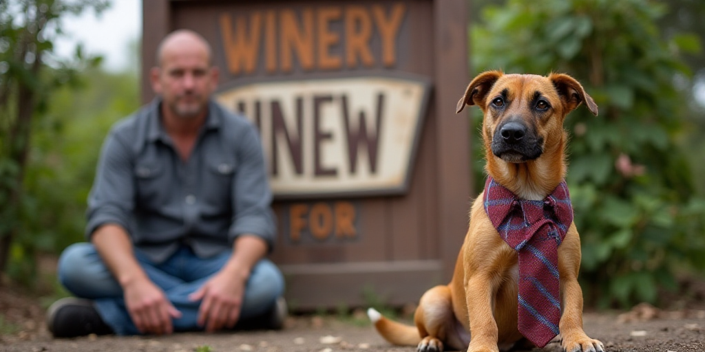 a dog wearing a tie and sitting in front of a sign for a winery with a man and woman, Federico Uribe