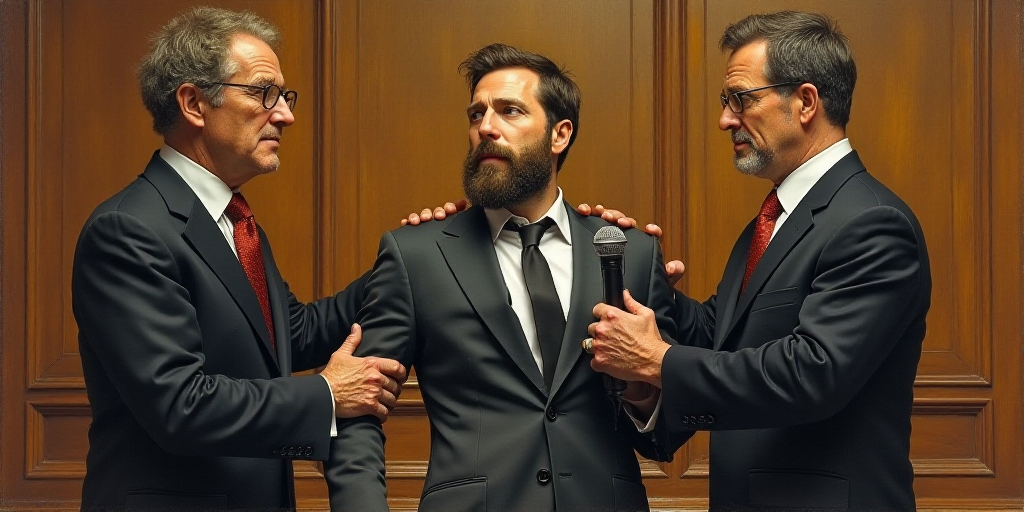 a drawing of a man being held in a courtroom by two men in suits and ties, with one of them holding