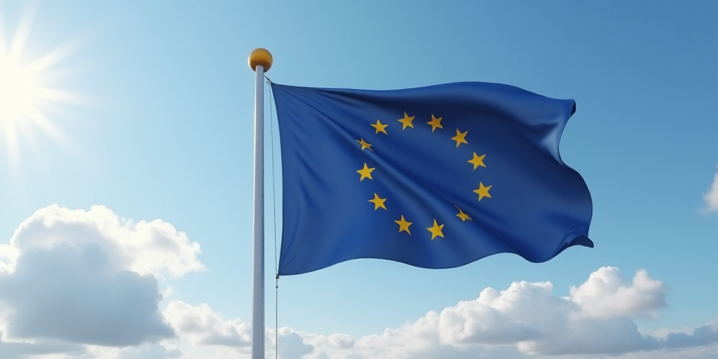 a european flag flying in the wind on a cloudy day with a blue sky in the background and a few yello