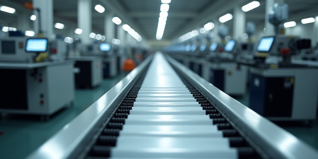 a factory with a conveyor belt and machines in it's center area and a conveyor belt in the backgroun
