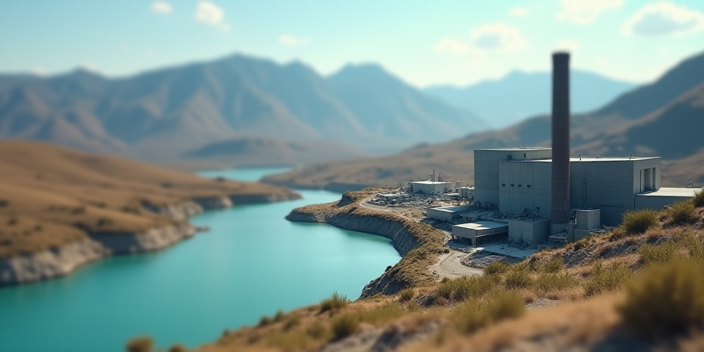 a factory with a large pipe sticking out of it's side next to a lake and mountains in the background