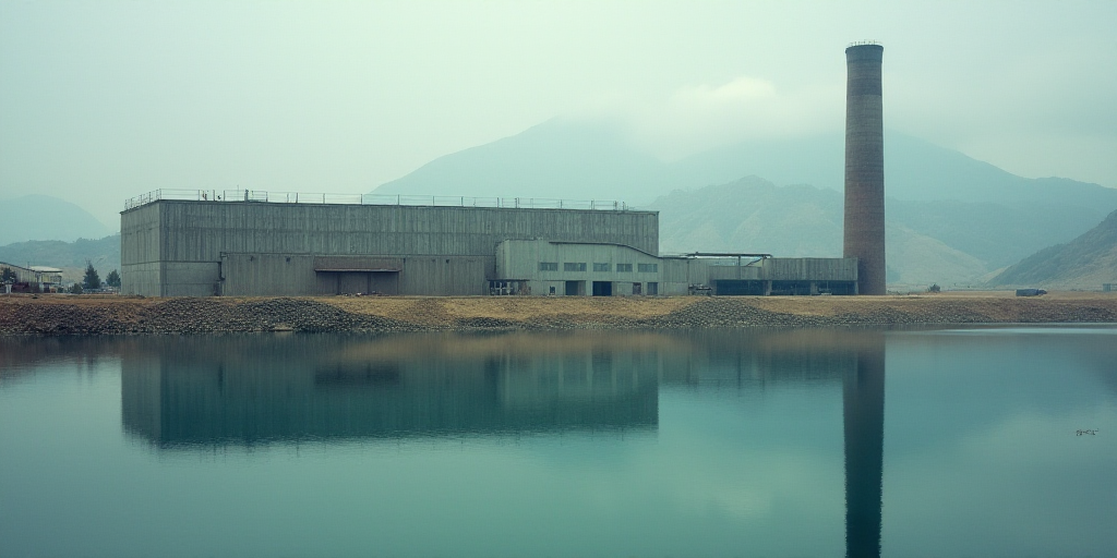 a factory with a large pipe sticking out of it's side next to a lake and mountains in the background